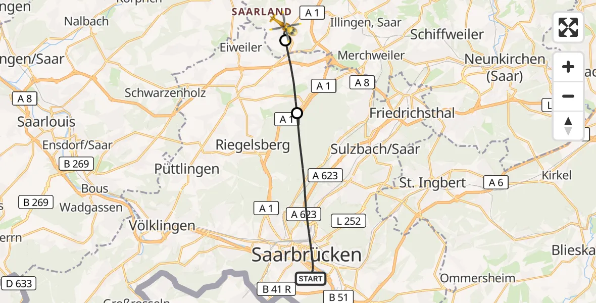 Flugroute Rettungshubschrauber Saarbrücken - Eppelborn, 15 April 2026, 12:49