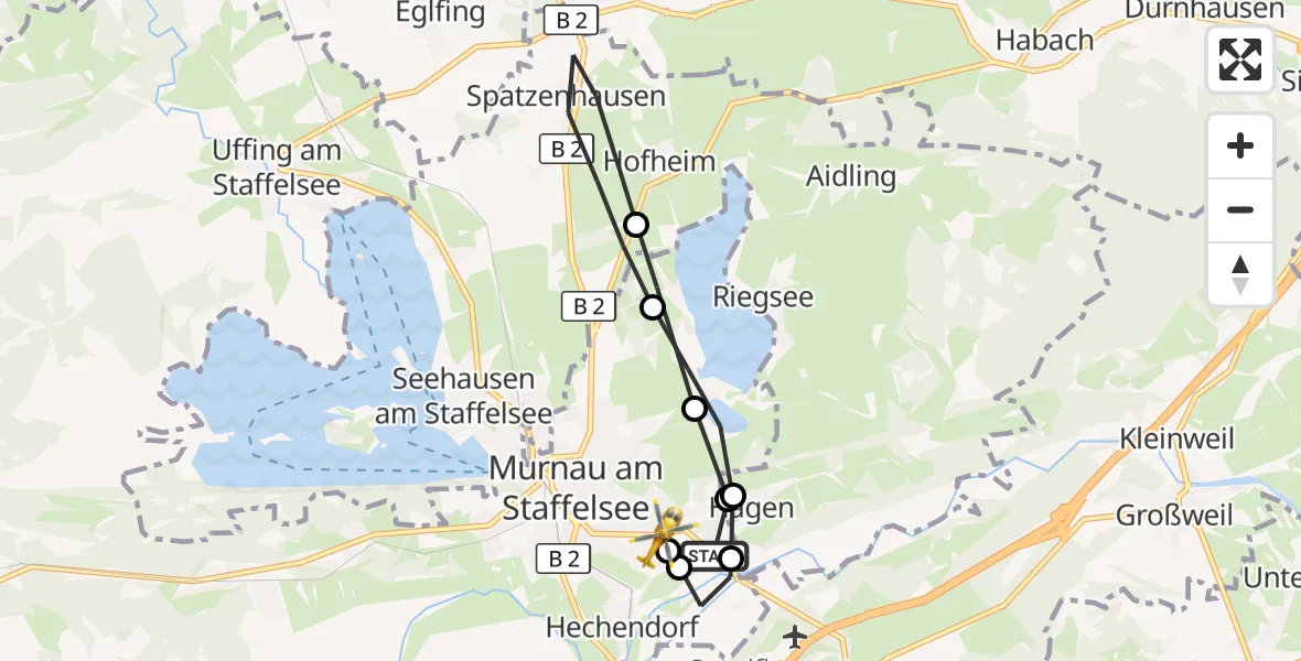 Flugroute Rettungshubschrauber Murnau a.Staffelsee - Murnau Accident Hospital, 15 April 2026, 12:55