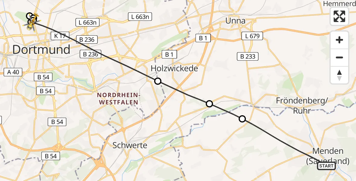 Flugroute Rettungshubschrauber Menden (Sauerland) - Dortmund Hospital North, 15 April 2026, 13:00
