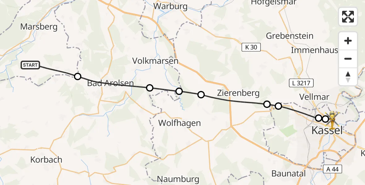 Flugroute Rettungshubschrauber Marsberg - Kassel, 15 April 2026, 13:12