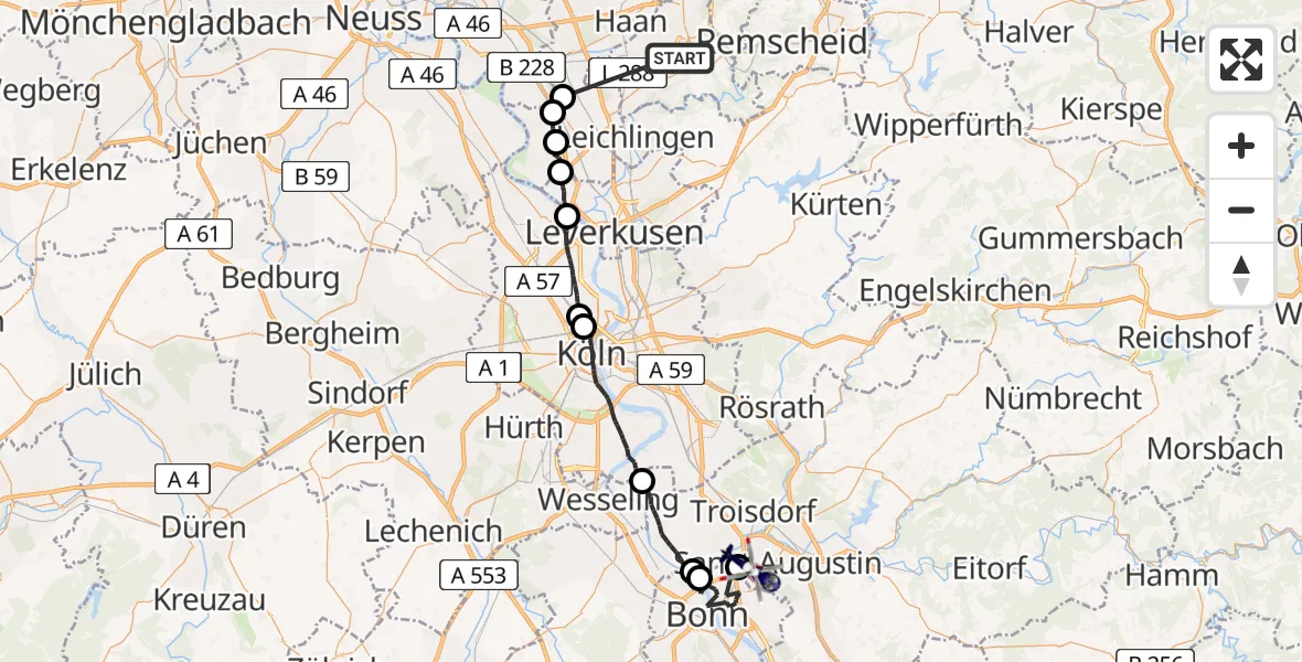 Flugroute Polizeihubschrauber Solingen - Sankt Augustin, 15 April 2026, 13:16