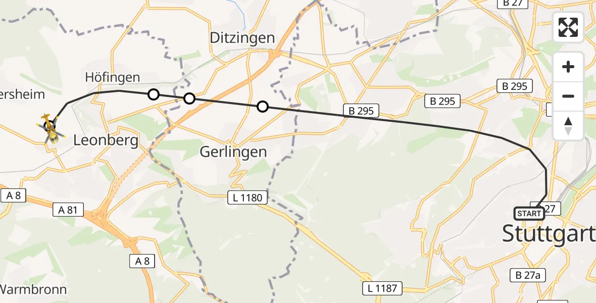 Flugroute Rettungshubschrauber Stuttgart - Leonberg Hospital Hubschrauberlandeplatz, 15 April 2026, 13:17