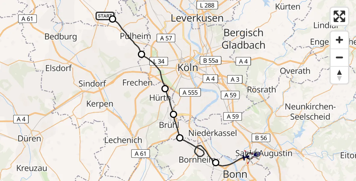 Flugroute Polizeihubschrauber Rommerskirchen - Sankt Augustin, 15 April 2026, 13:25