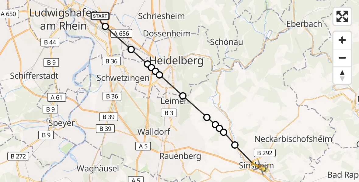 Flugroute Rettungshubschrauber Mannheim-City Flughafen - Sinsheim, 15 April 2026, 13:28