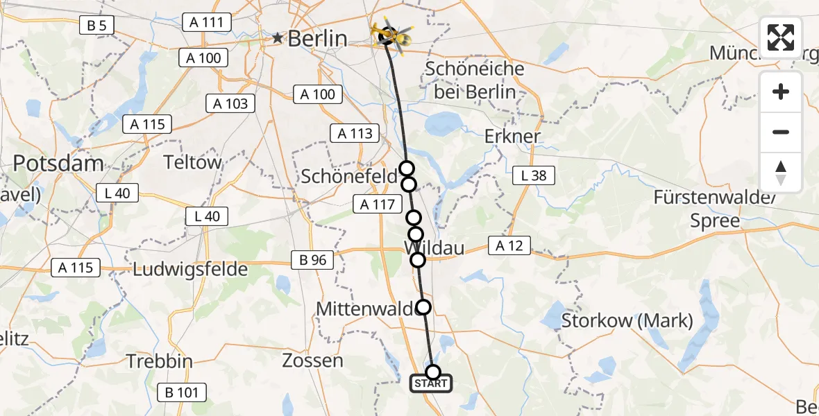 Flugroute Rettungshubschrauber Groß Köris - Berlin Emergency Hospital, 15 April 2026, 13:30
