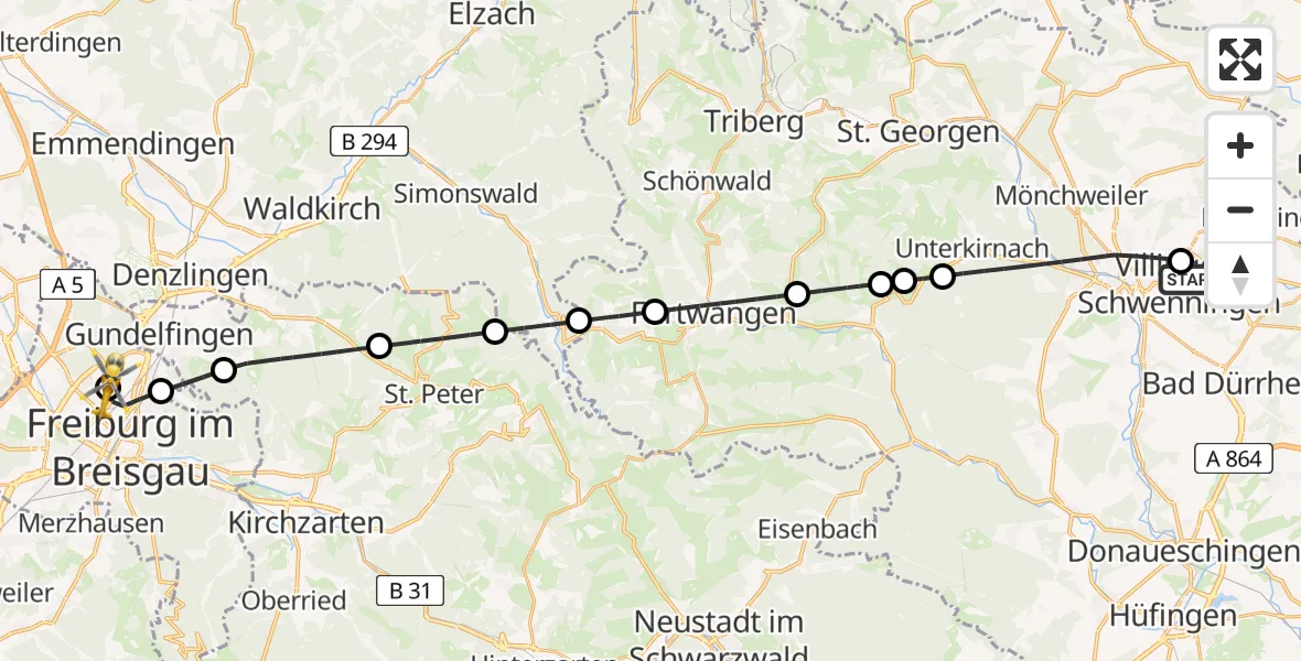 Flugroute Rettungshubschrauber DRF Air Rescue Station Villingen-Schwenningen Hubschrauberlandeplatz (Christoph 11) - Freiburg im Breisgau Flugplatz, 15 April 2026, 13:30