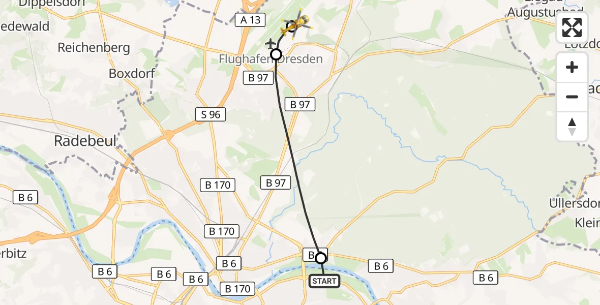 Flugroute Rettungshubschrauber Dresden Elbwiesen Hubschrauberlandeplatz - Dresden Bundespolizei Hubschrauberlandeplatz, 15 April 2026, 13:31