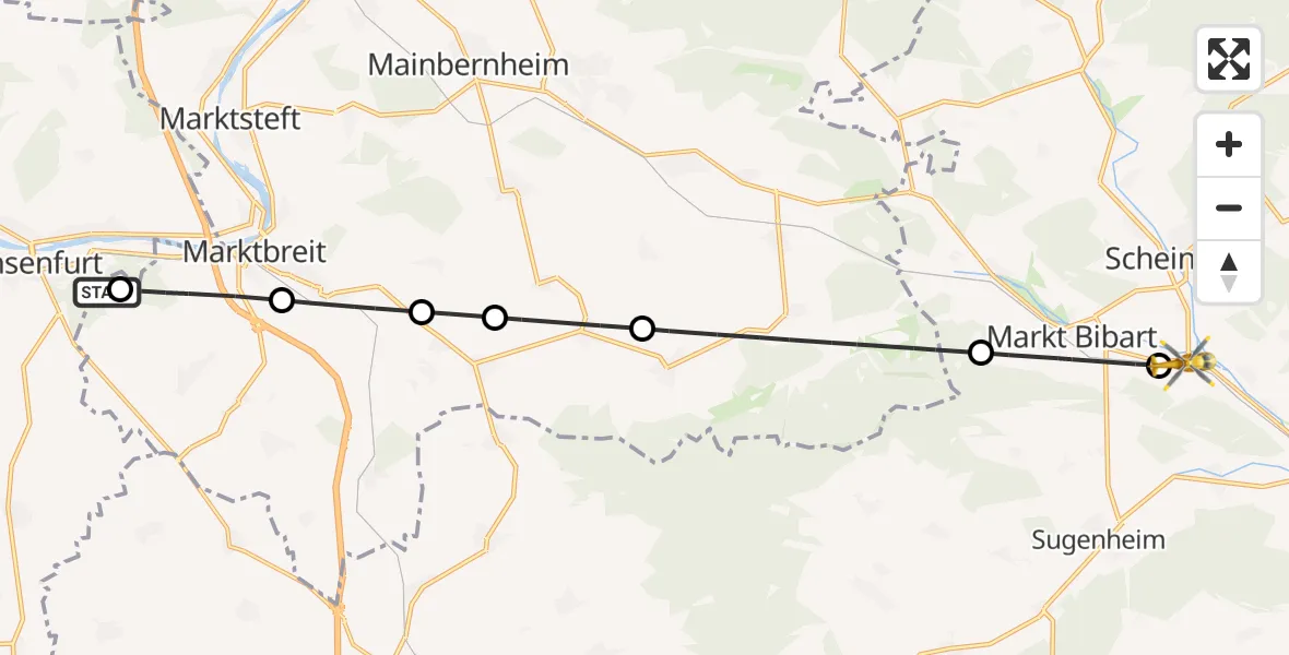 Flugroute Rettungshubschrauber Ochsenfurt Hospital - Scheinfeld, 15 April 2026, 13:35