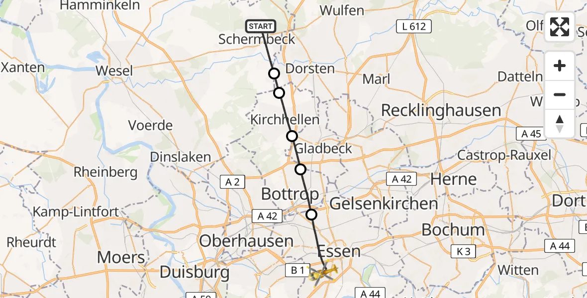 Flugroute Ambulanzhubschrauber Schermbeck - Essen, 15 April 2026, 13:37