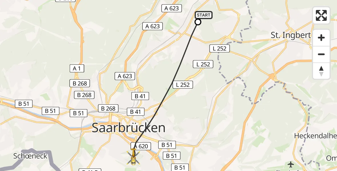 Flugroute Rettungshubschrauber Sulzbach/Saar - Saarbrücken, 15 April 2026, 13:44
