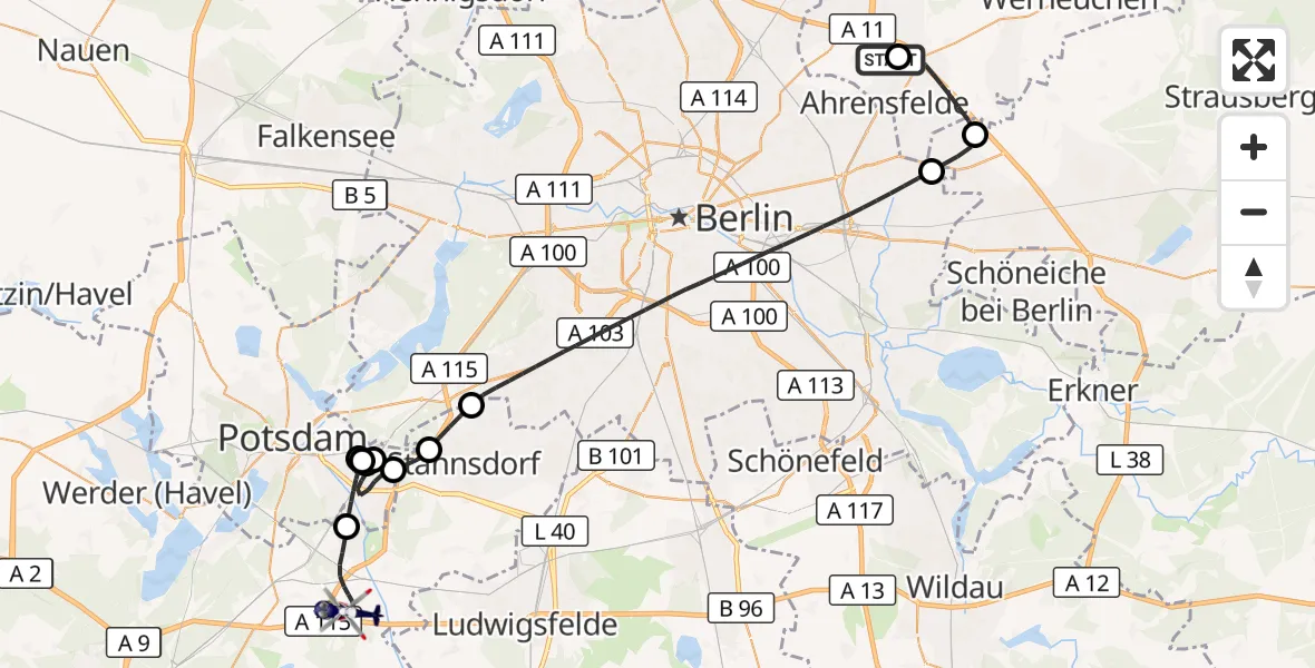 Flugroute Polizeihubschrauber Ahrensfelde Hubschrauberlandeplatz - Nuthetal, 15 April 2026, 13:46