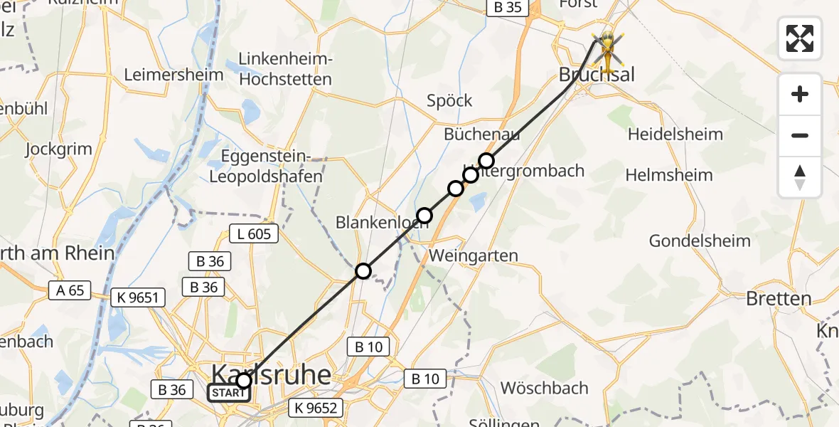 Flugroute Rettungshubschrauber Sankt Vincentius Hospital - Bruchsal, 15 April 2026, 13:52