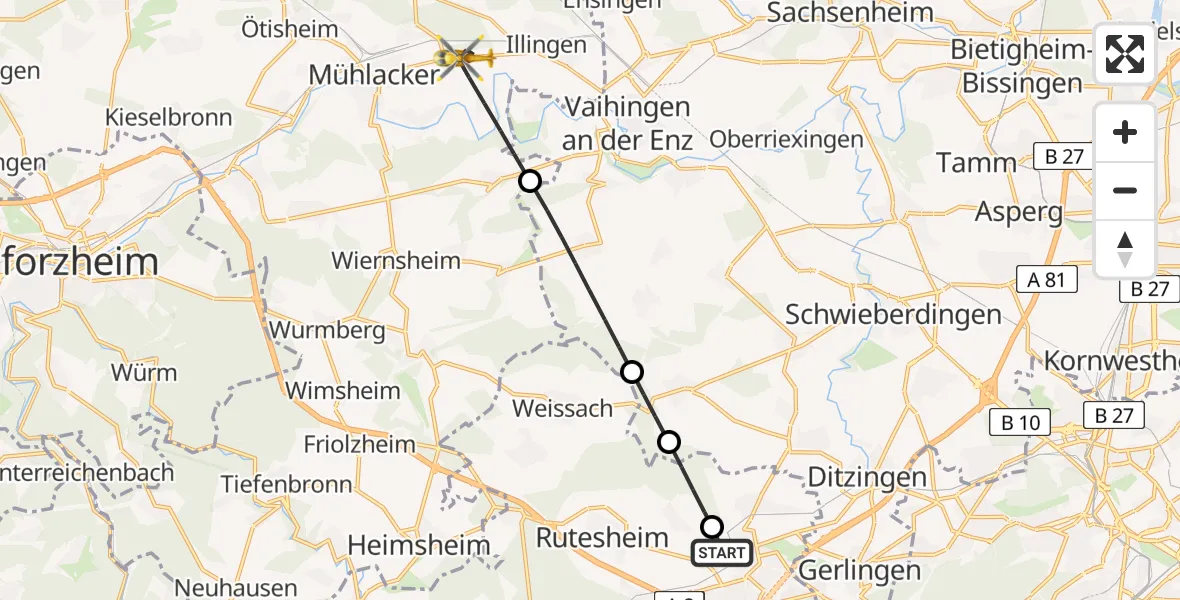 Flugroute Rettungshubschrauber Leonberg Hospital - Mühlacker, 15 April 2026, 13:53