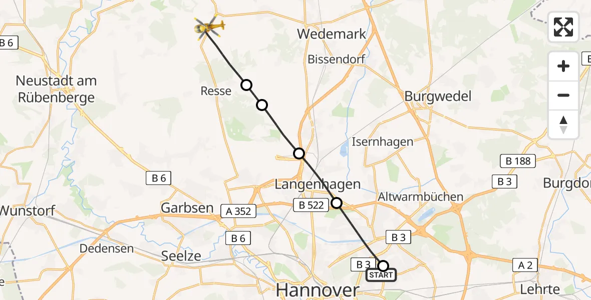 Flugroute Rettungshubschrauber Hannover Luftrettung Hubschrauberlandeplatz (Christoph 4) - Wedemark, 15 April 2026, 13:59