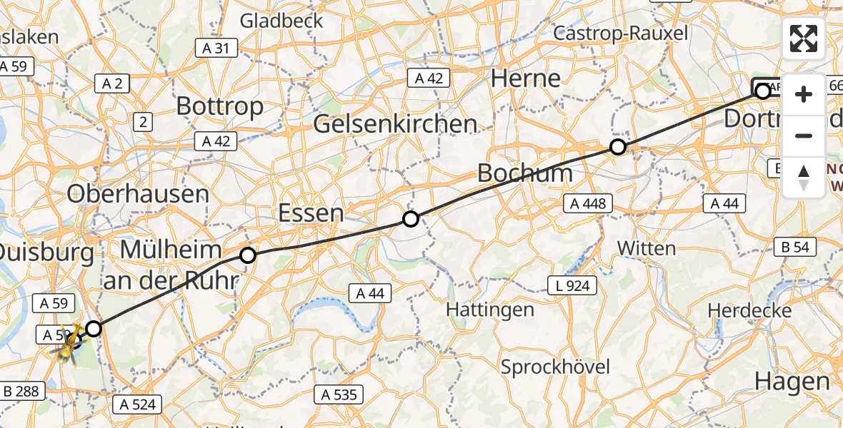 Flugroute Rettungshubschrauber Dortmund Hospital North - Duisburg Air Rescue Hubschrauberlandeplatz (Christoph 9), 15 April 2026, 14:00