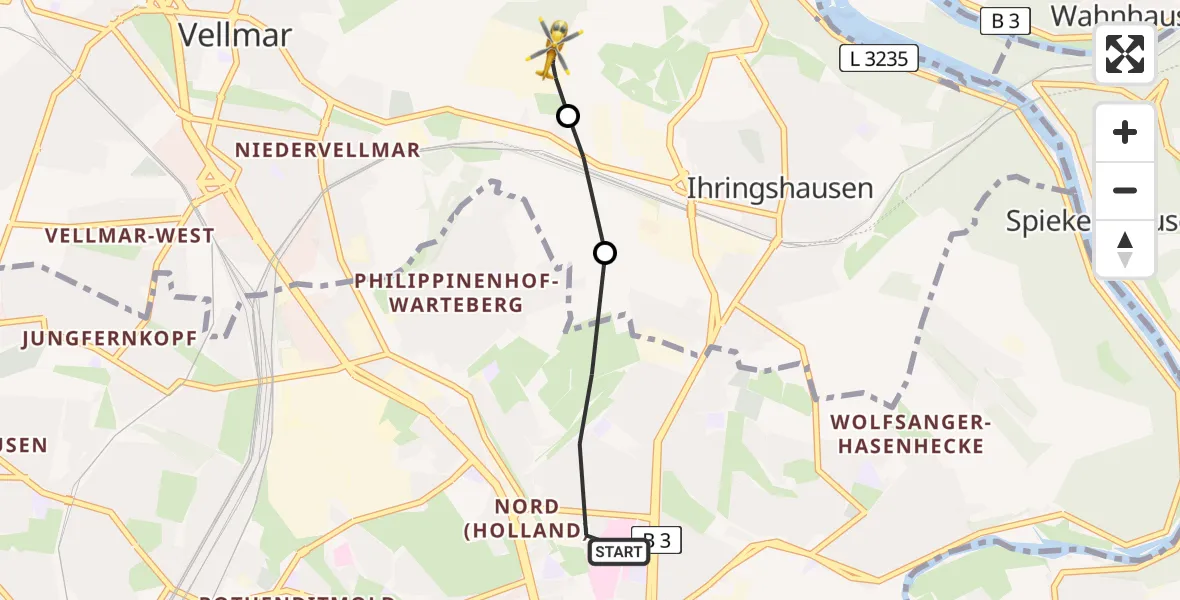 Flugroute Rettungshubschrauber Kassel - Fuldatal Bundespolizei Hubschrauberlandeplatz, 15 April 2026, 14:03