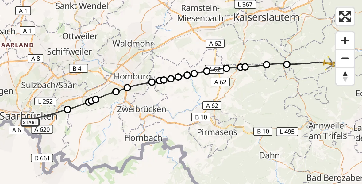 Flugroute Rettungshubschrauber Saarbrücken - Elmstein, 15 April 2026, 14:03