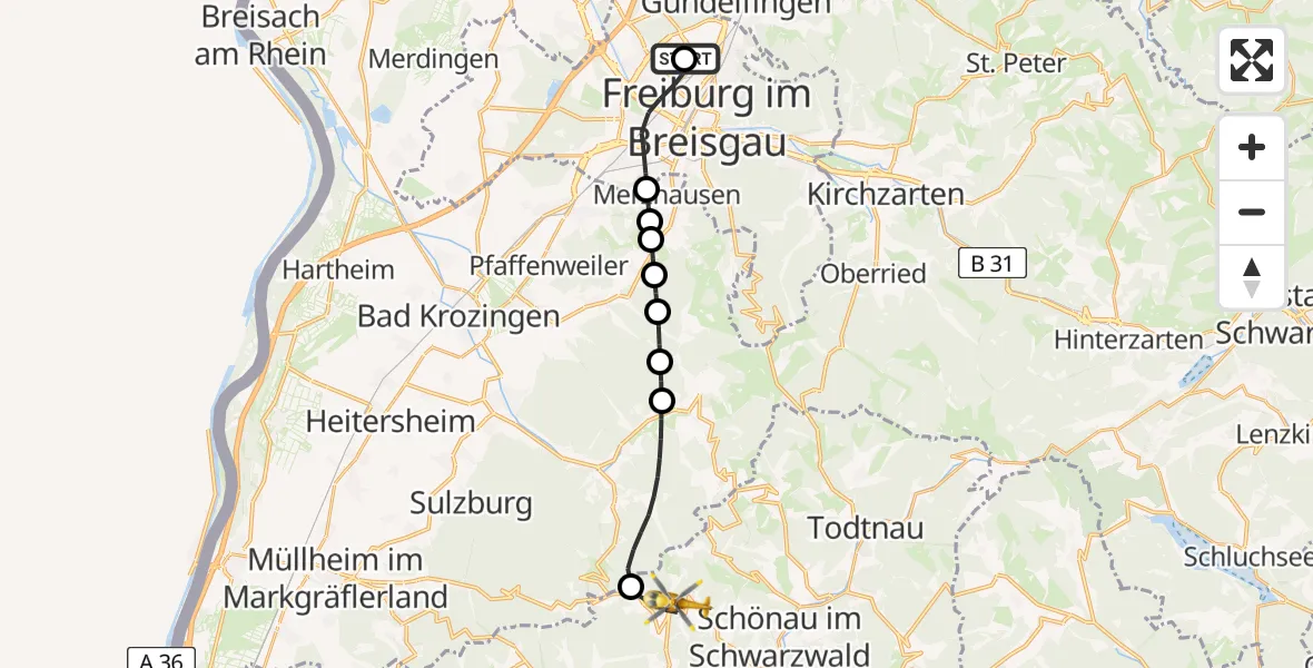 Flugroute Rettungshubschrauber Freiburg im Breisgau Flugplatz - Kleines Wiesental, 15 April 2026, 14:08