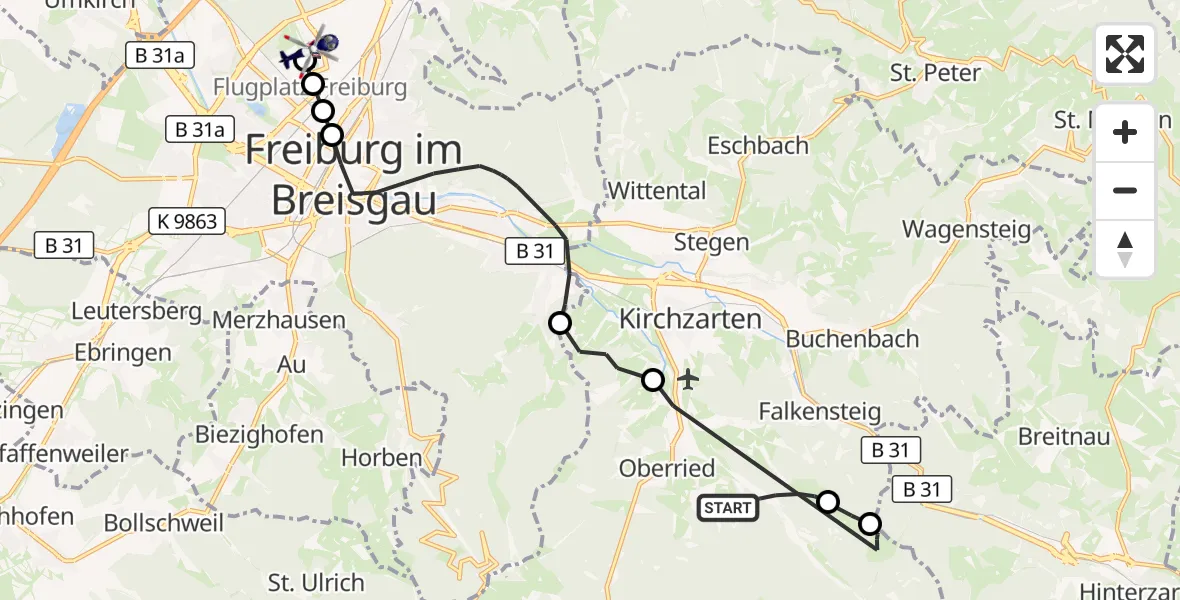 Flugroute Polizeihubschrauber Oberried - Freiburg im Breisgau Flugplatz, 15 April 2026, 14:17