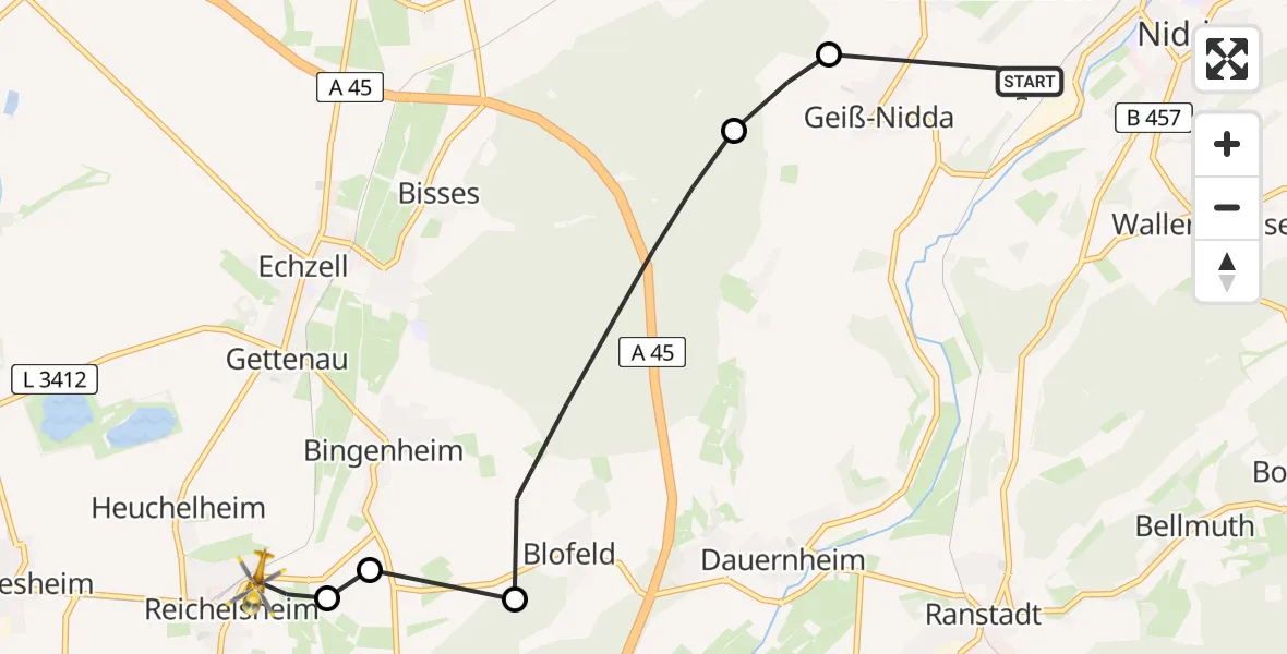 Flugroute Ambulanzhubschrauber Nidda Flugplatz - Reichelsheim (Wetterau), 15 April 2026, 14:18