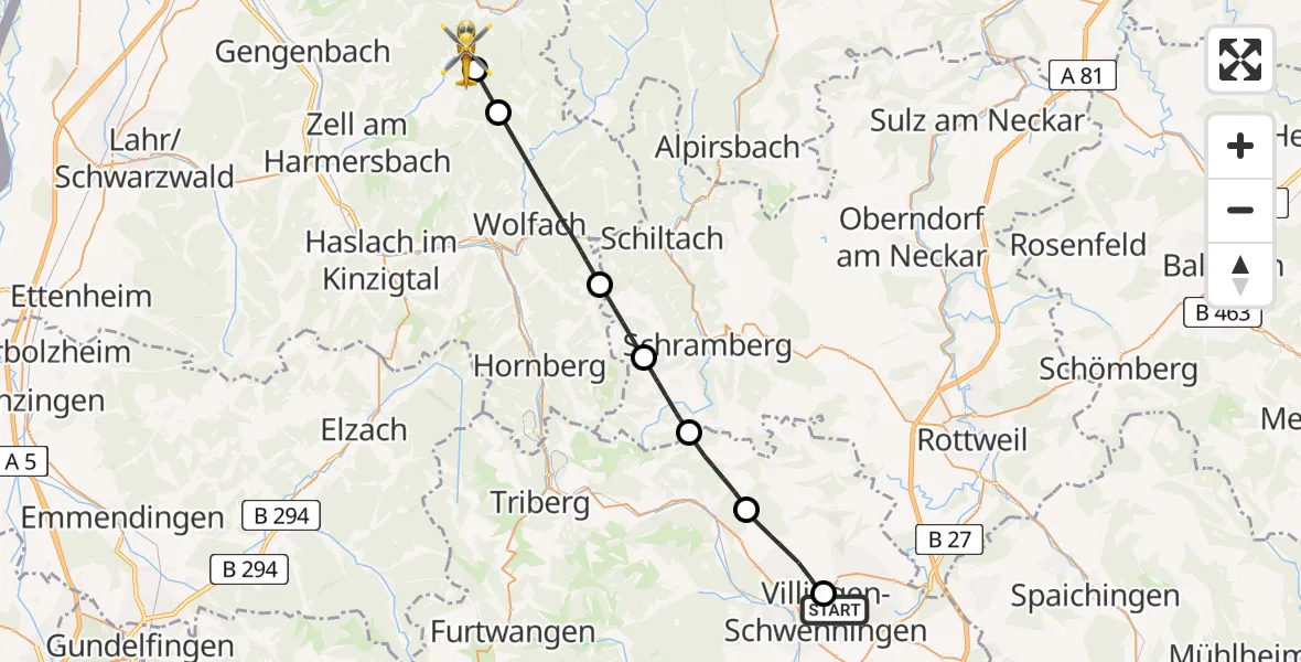 Flugroute Rettungshubschrauber DRF Air Rescue Station Villingen-Schwenningen Hubschrauberlandeplatz (Christoph 11) - Oberharmersbach, 15 April 2026, 14:21