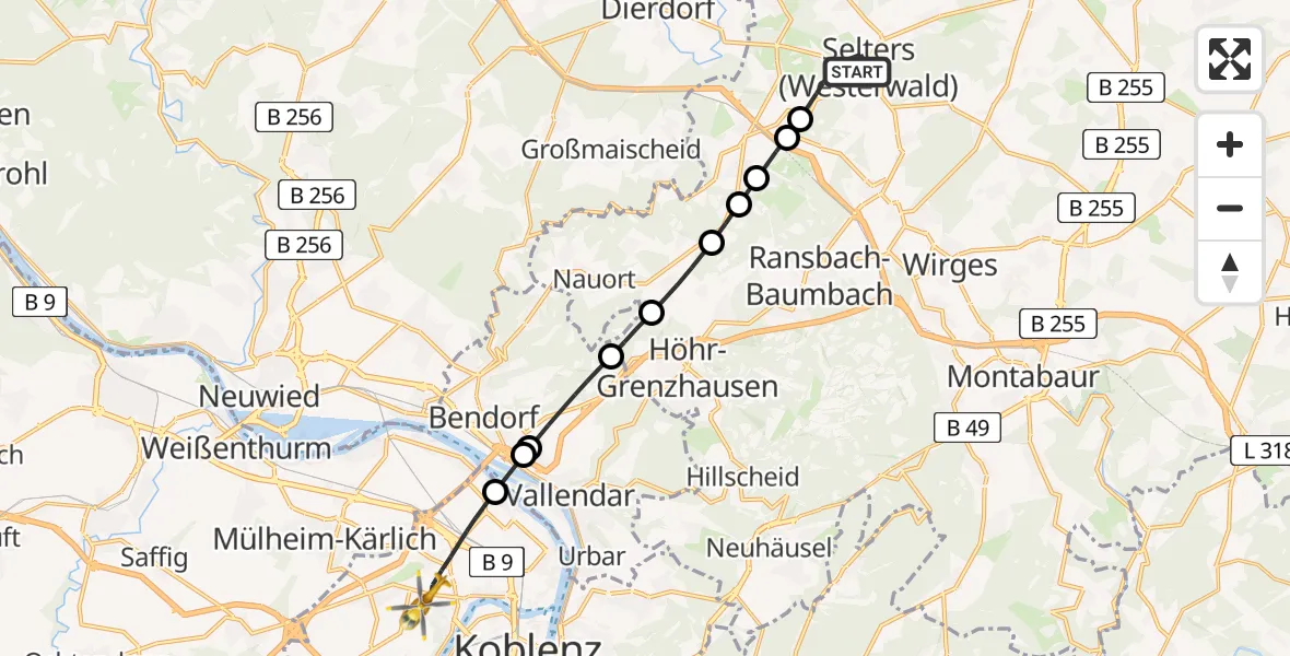 Flugroute Rettungshubschrauber Selters (Westerwald) - Koblenz, 15 April 2026, 14:27