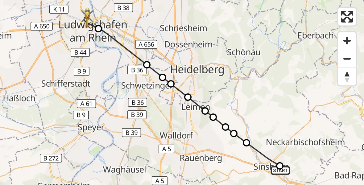 Flugroute Rettungshubschrauber Sinsheim Flugplatz - Ludwigshafen am Rhein, 15 April 2026, 14:30