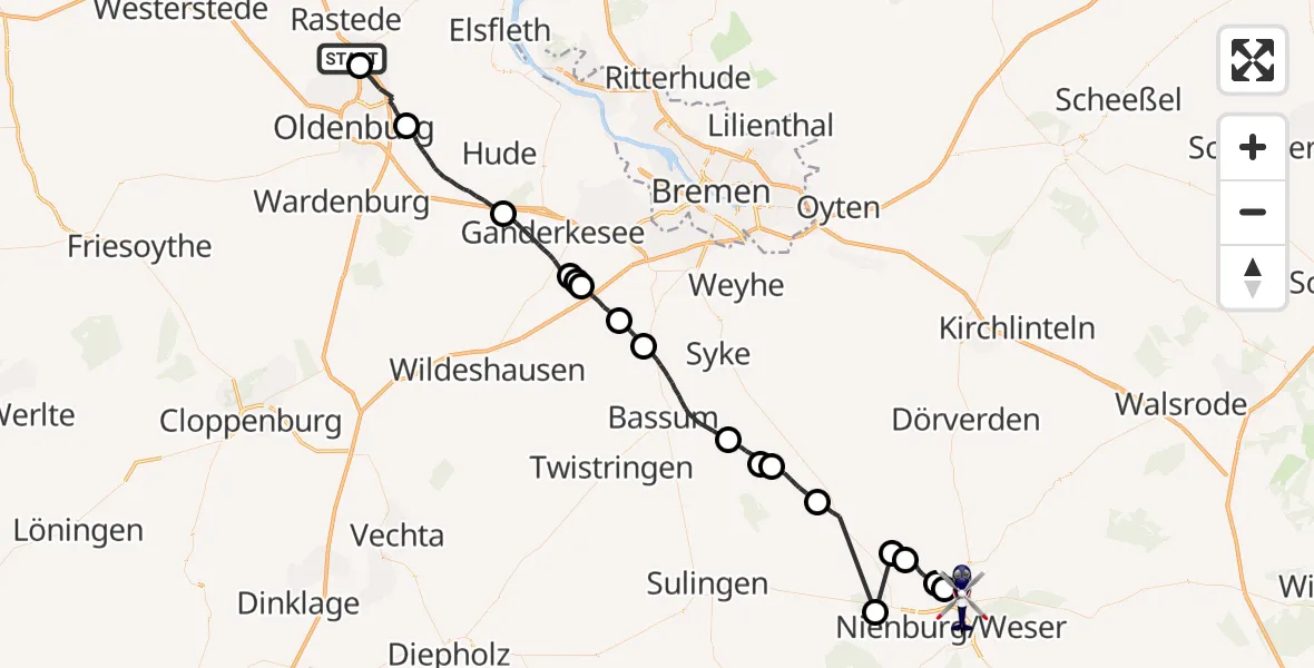 Flugroute Polizeihubschrauber Rastede - Nienburg (Weser), 15 April 2026, 14:30