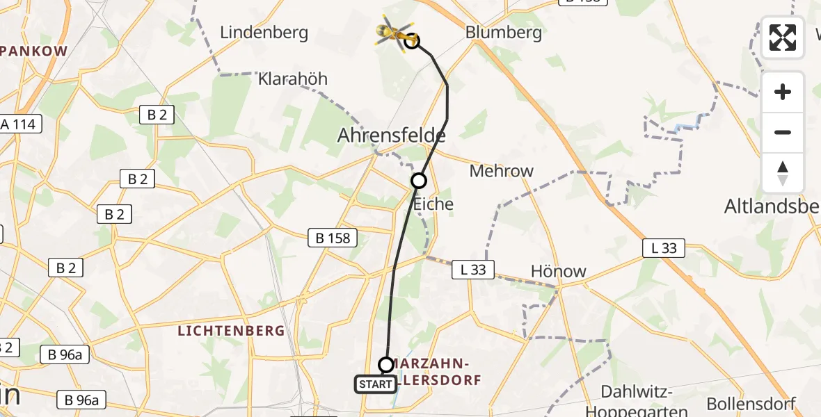 Flugroute Rettungshubschrauber Berlin Emergency Hospital - Ahrensfelde Hubschrauberlandeplatz, 15 April 2026, 14:32