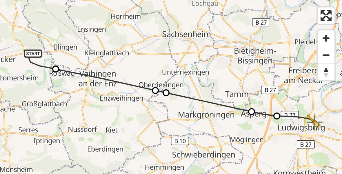 Flugroute Rettungshubschrauber Mühlacker - Ludwigsburg, 15 April 2026, 14:34