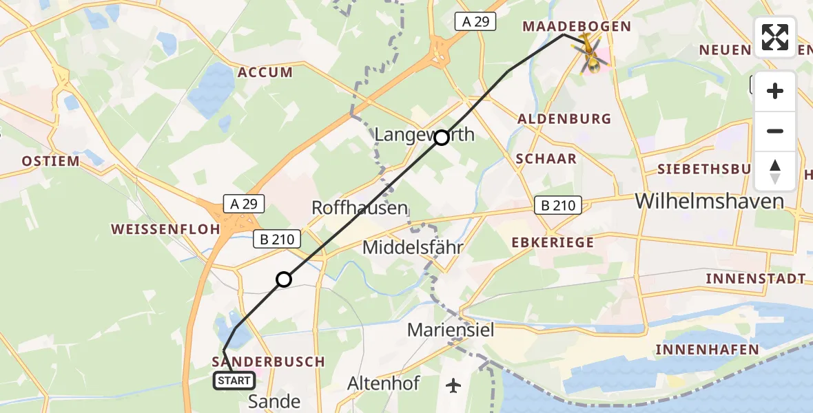 Flugroute Rettungshubschrauber Sande - Wilhelmshaven, 15 April 2026, 14:35
