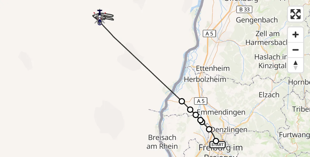 Flugroute Polizeihubschrauber Freiburg im Breisgau Flugplatz - Wyhl am Kaiserstuhl, 15 April 2026, 14:44
