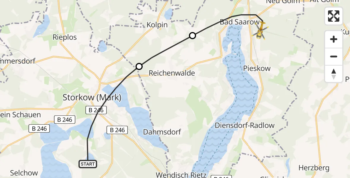 Flugroute Rettungshubschrauber Storkow (Mark) - Bad Saarow, 15 April 2026, 14:45