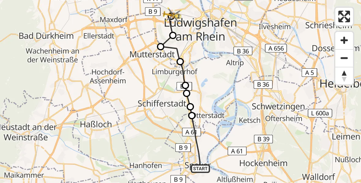 Flugroute Rettungshubschrauber Speyer - Ludwigshafen Accident Hospital, 15 April 2026, 14:46