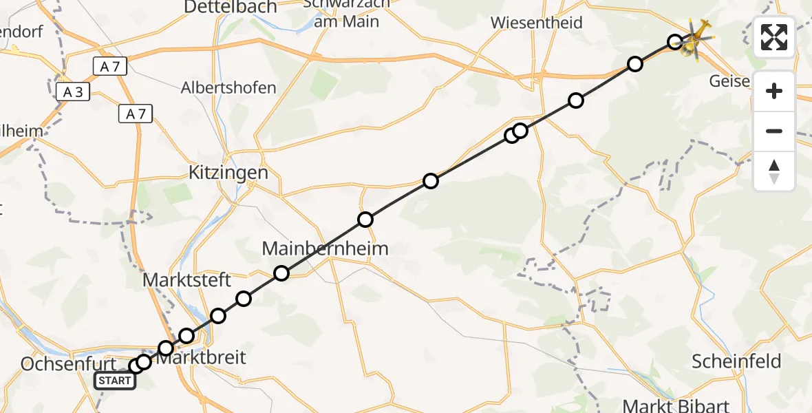 Flugroute Rettungshubschrauber Ochsenfurt Hospital - Geiselwind, 15 April 2026, 14:47