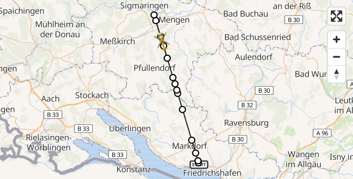 Flugroute Rettungshubschrauber Friedrichshafen Hospital - Krauchenwies, 15 April 2026, 14:51