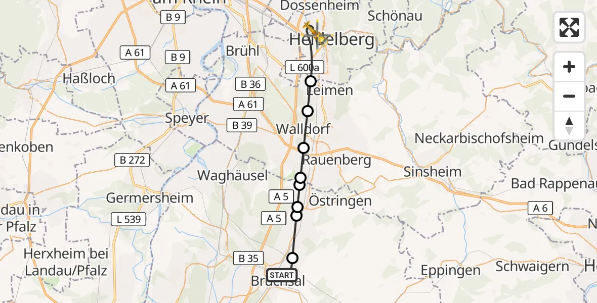 Flugroute Rettungshubschrauber Bruchsal - Heidelberg, 15 April 2026, 14:58