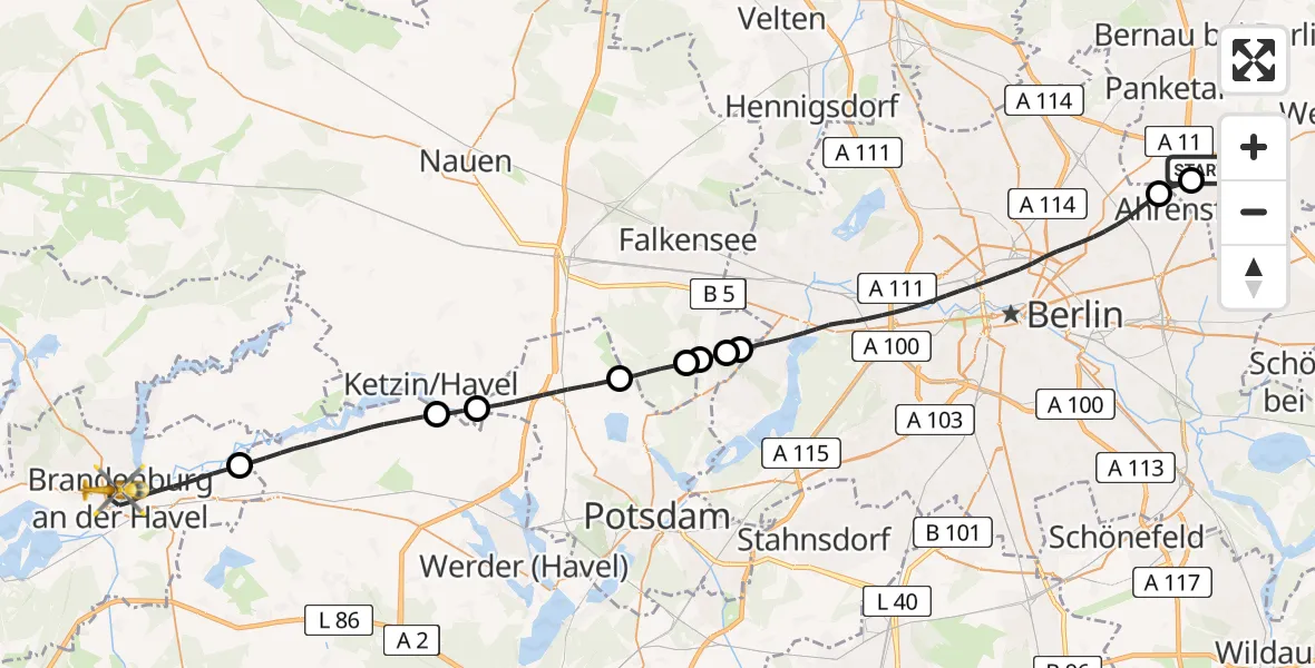Flugroute Rettungshubschrauber Ahrensfelde Hubschrauberlandeplatz - Brandenburg an der Havel, 15 April 2026, 15:04