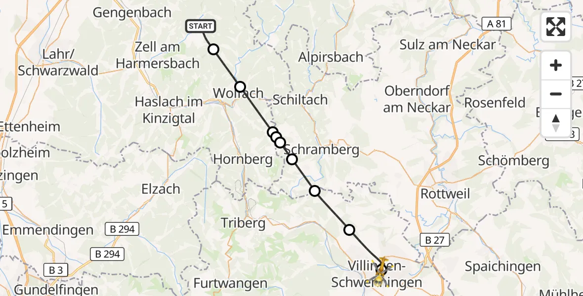 Flugroute Rettungshubschrauber Oberharmersbach - DRF Air Rescue Station Villingen-Schwenningen Hubschrauberlandeplatz (Christoph 11), 15 April 2026, 15:05