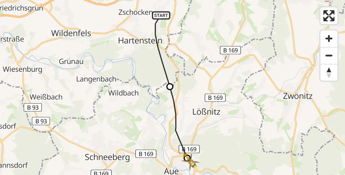 Flugroute Rettungshubschrauber Hartenstein - Helios Clinic Aue, 15 April 2026, 15:08