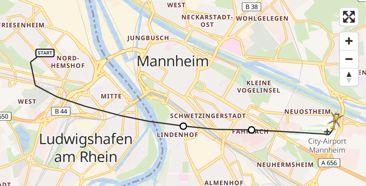 Flugroute Rettungshubschrauber Ludwigshafen am Rhein - Mannheim-City Flughafen, 15 April 2026, 15:30