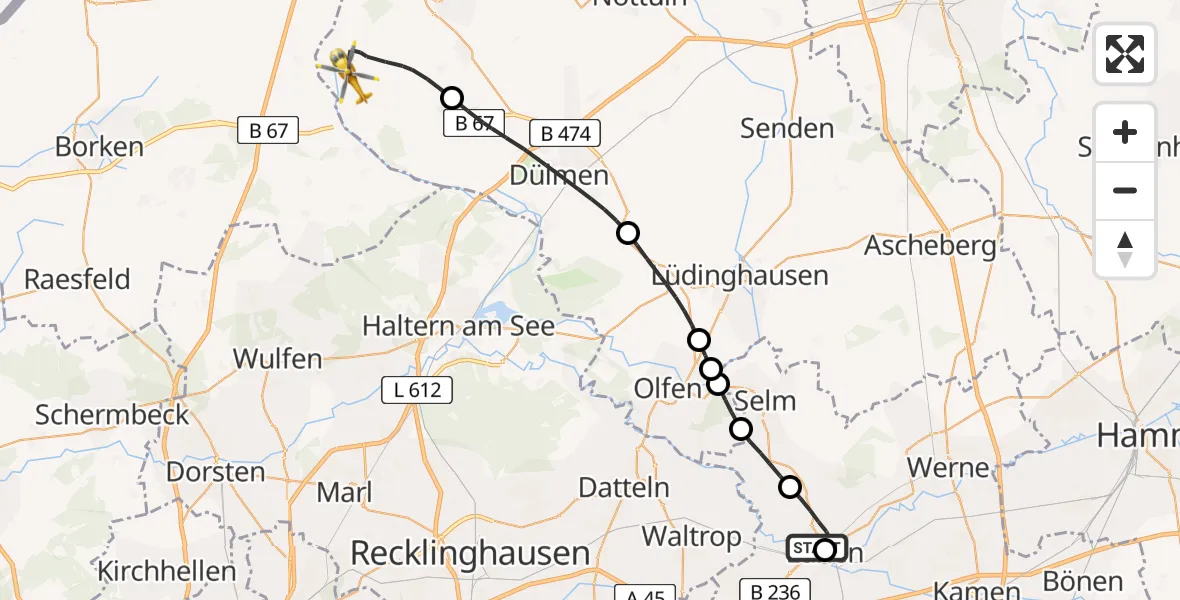 Flugroute Rettungshubschrauber Sankt Marien Hospital - Coesfeld, 15 April 2026, 15:30