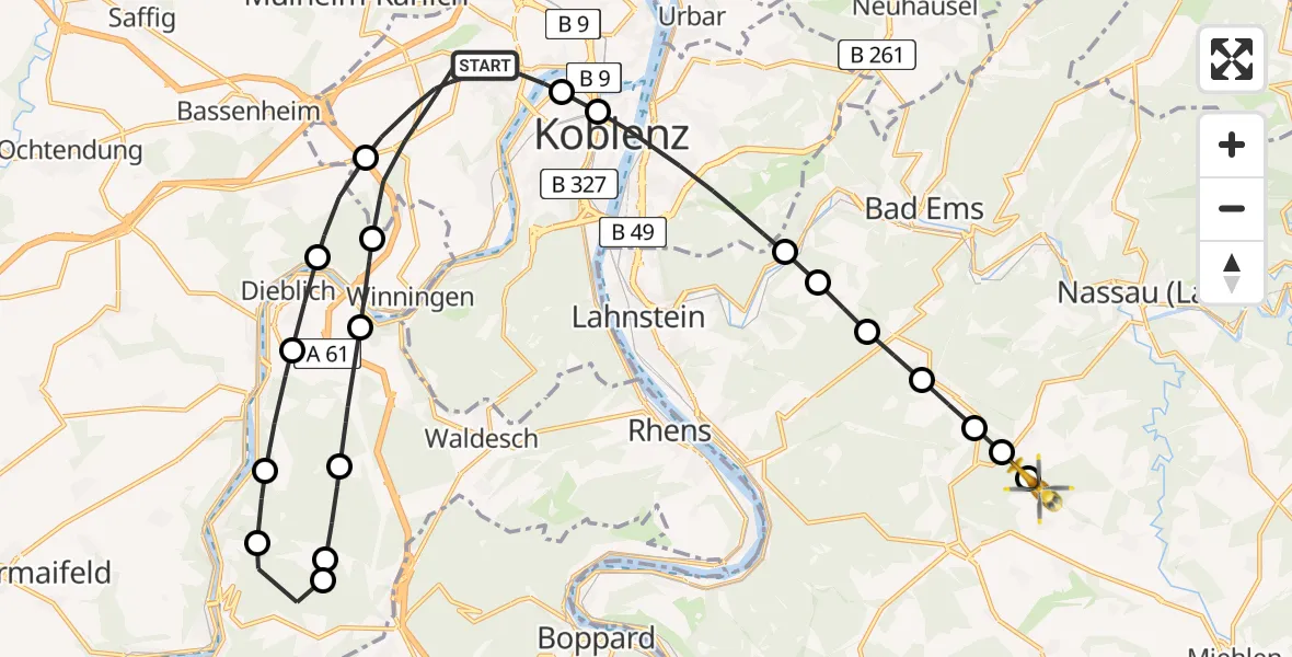 Flugroute Rettungshubschrauber Koblenz - Dessighofen, 15 April 2026, 15:30