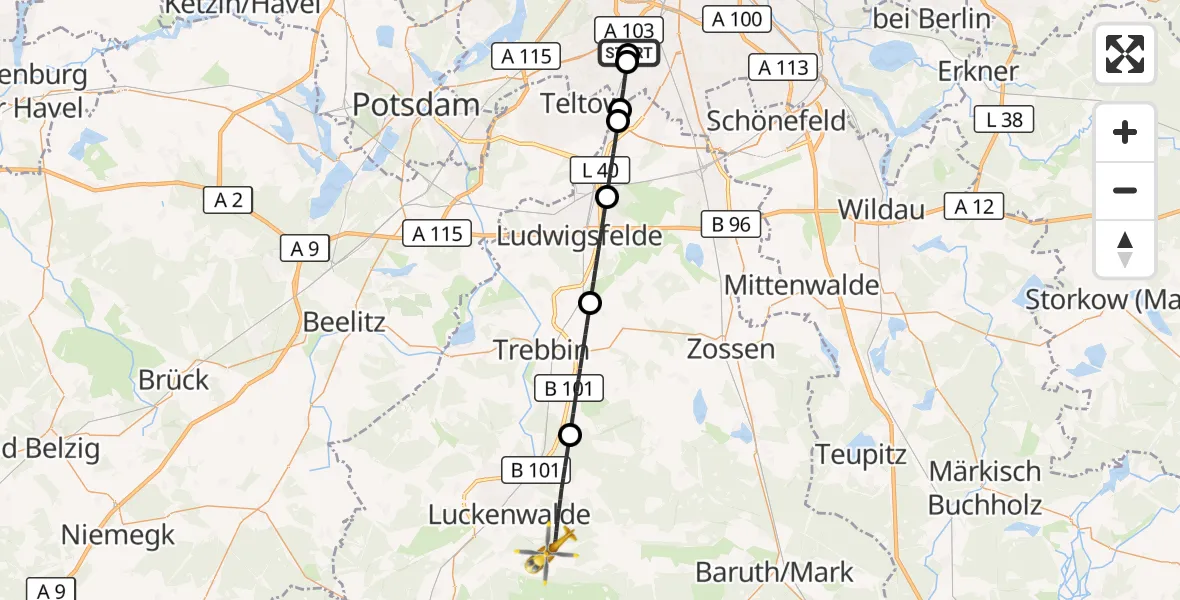 Flugroute Rettungshubschrauber Charité Clinic Benjamin Franklin Campus - Nuthe-Urstromtal, 15 April 2026, 15:35
