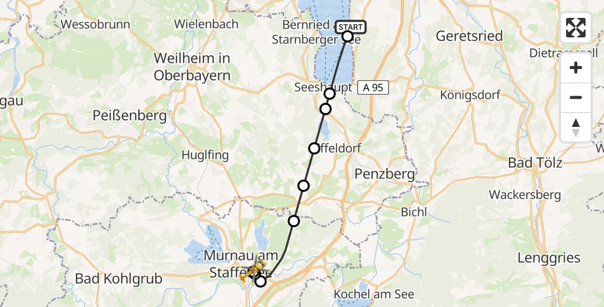 Flugroute Rettungshubschrauber Münsing - Murnau Accident Hospital, 15 April 2026, 15:48