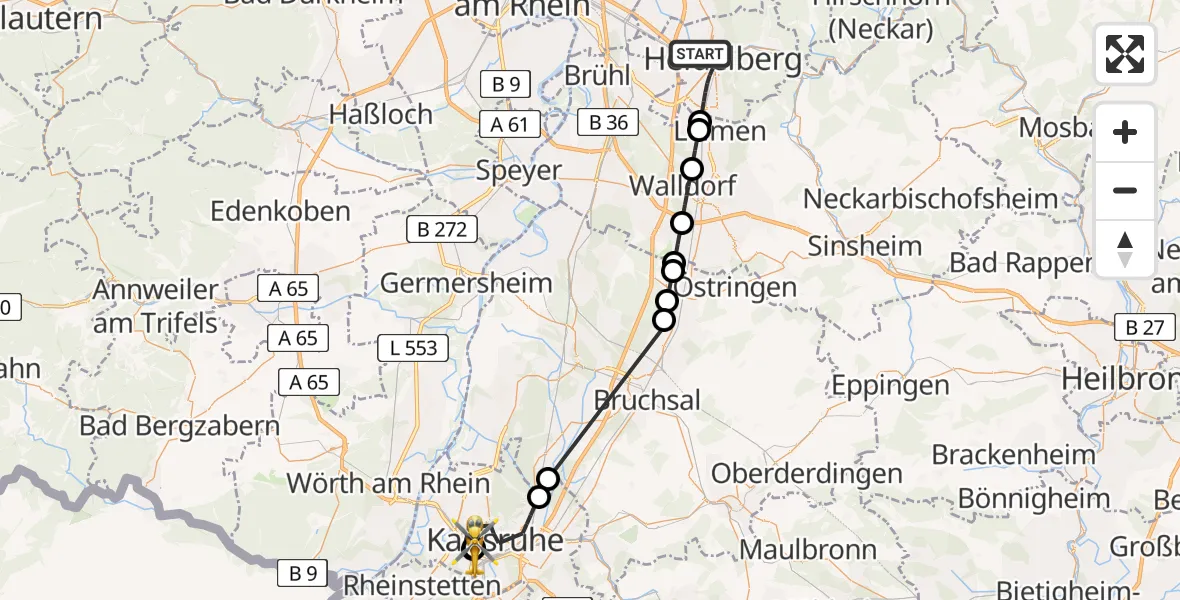Flugroute Rettungshubschrauber Heidelberg - Sankt Vincentius Hospital, 15 April 2026, 15:58