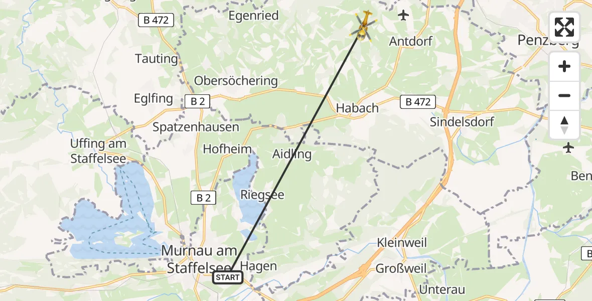 Flugroute Rettungshubschrauber Murnau Accident Hospital - Antdorf, 15 April 2026, 15:57