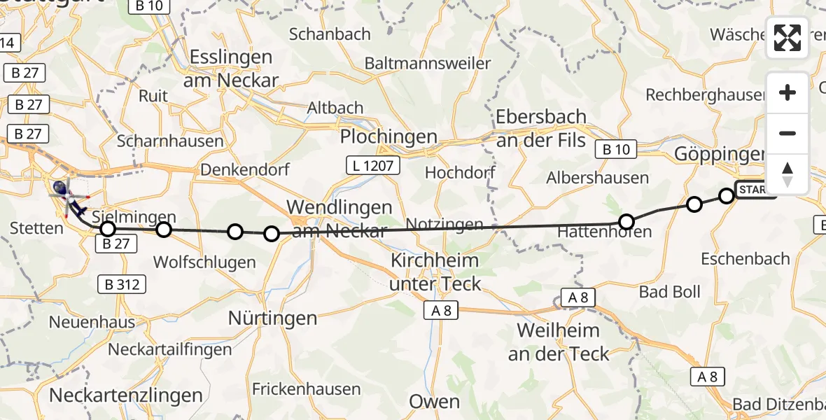 Flugroute Polizeihubschrauber Göppingen - Flughafen Stuttgart, 15 April 2026, 16:04