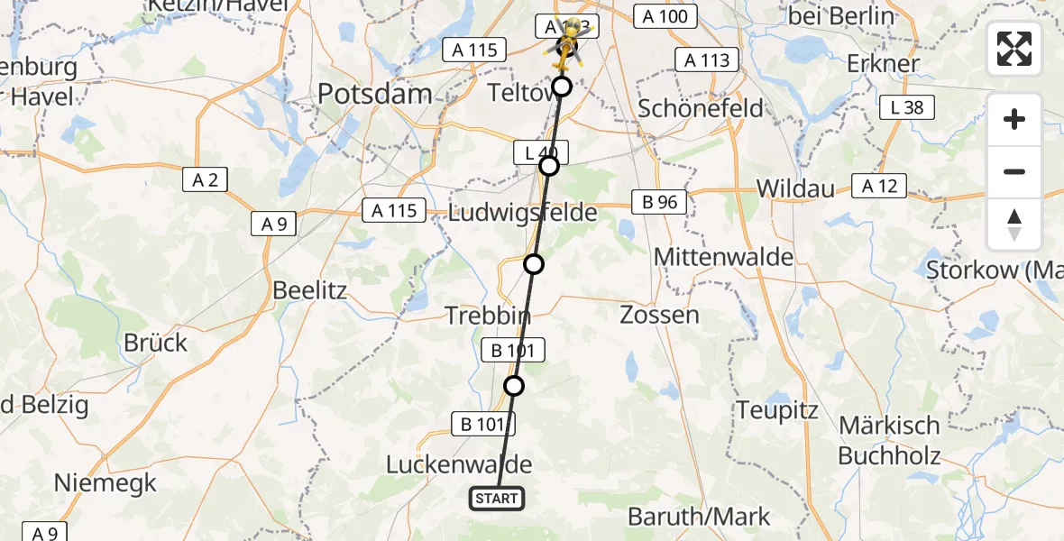 Flugroute Rettungshubschrauber Nuthe-Urstromtal - Charité Clinic Benjamin Franklin Campus, 15 April 2026, 16:12
