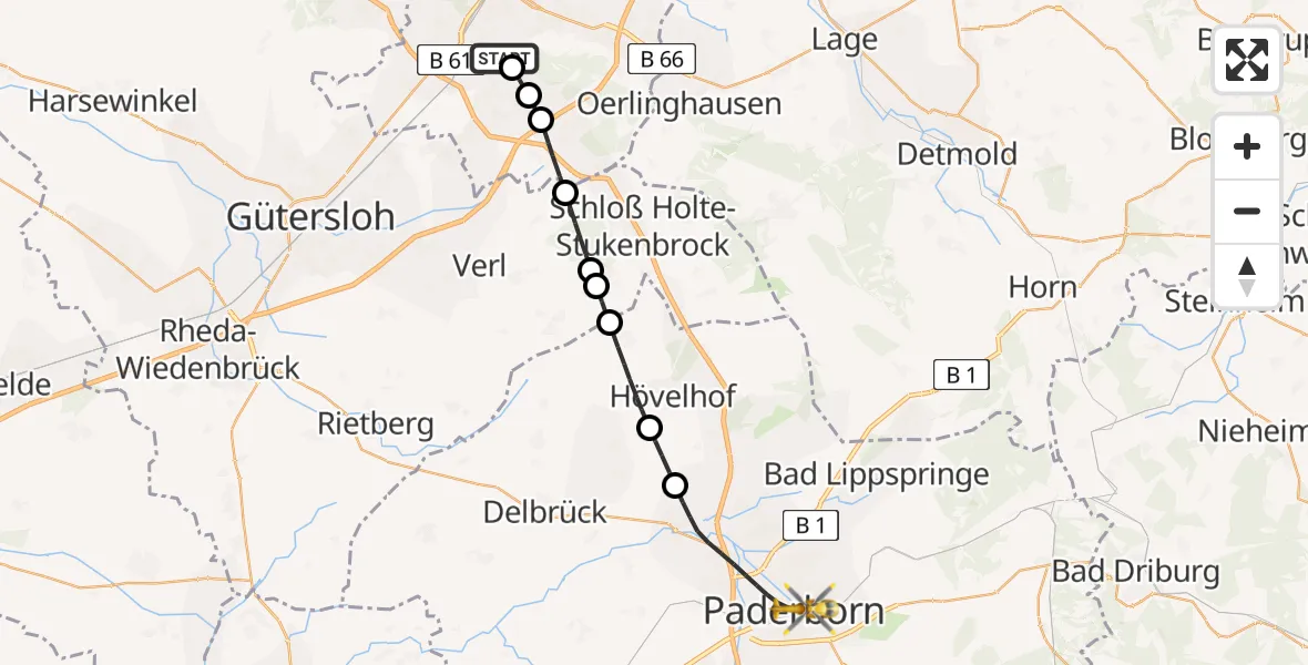 Flugroute Rettungshubschrauber Luftrettungszentrum Bielefeld - Paderborn, 15 April 2026, 16:17